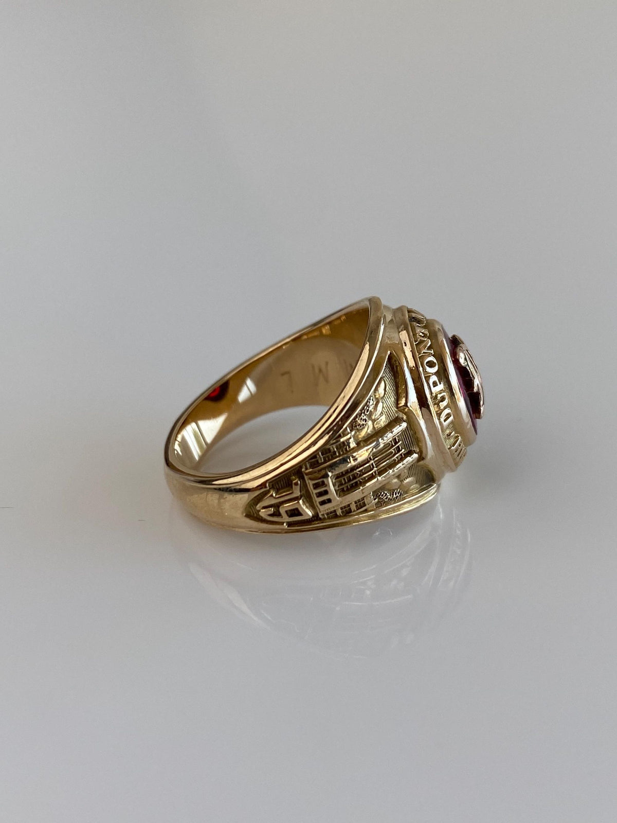 Vintage Solid 10k Yellow Gold Pink Sapphire 1957 Dupont Manual High School Class Ring - Size 5.75