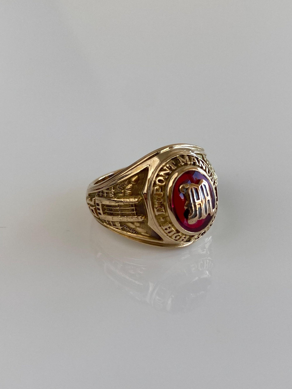 Vintage Solid 10k Yellow Gold Pink Sapphire 1957 Dupont Manual High School Class Ring - Size 5.75