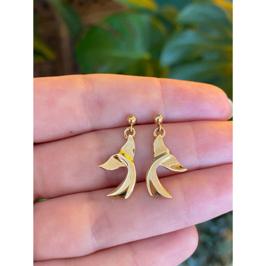 Vintage Solid 14k Yellow Gold Whale Tail Drop Earrings
