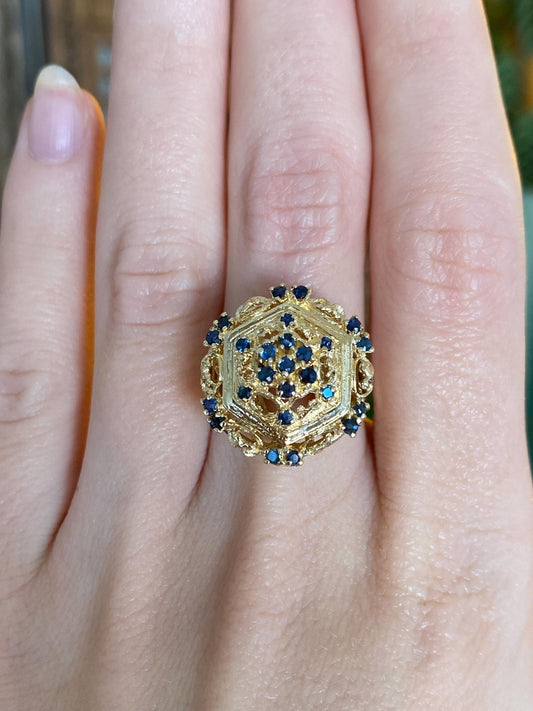 Vintage Solid 14k Yellow Gold Blue Sapphire Cluster Open Work Cocktail Ring - Size 6