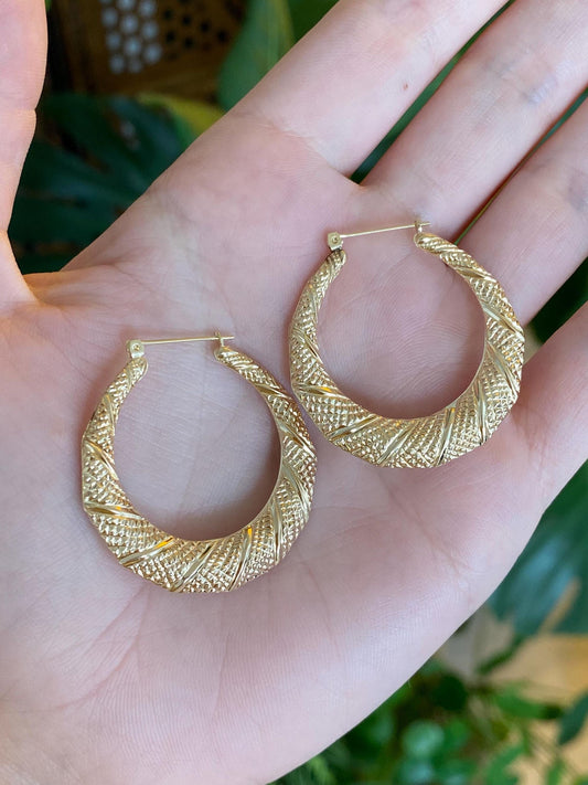 Vintage 14k Yellow Gold Textured Tapered Hoop Earrings