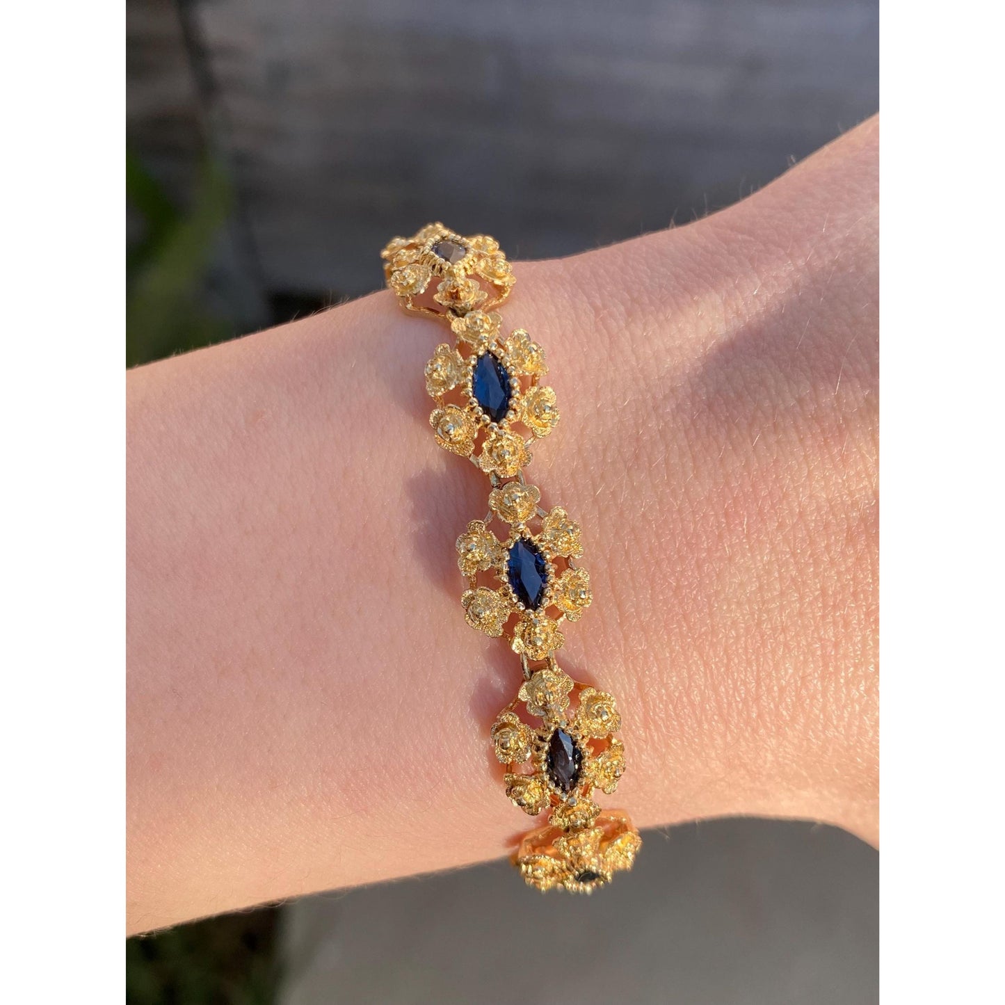 Vintage Solid 18k Yellow Gold Blue Marquis Sapphire Fancy Link Bracelet - 7.25 inches