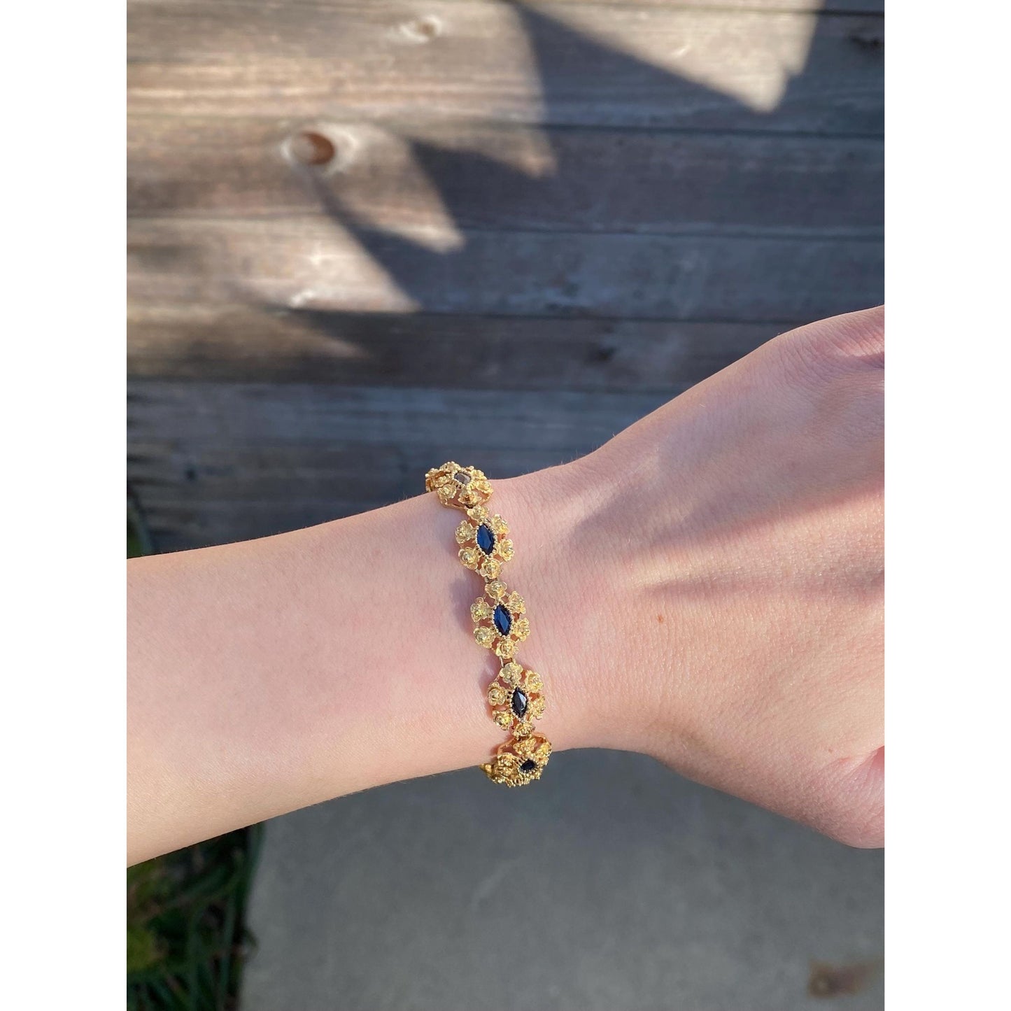 Vintage Solid 18k Yellow Gold Blue Marquis Sapphire Fancy Link Bracelet - 7.25 inches