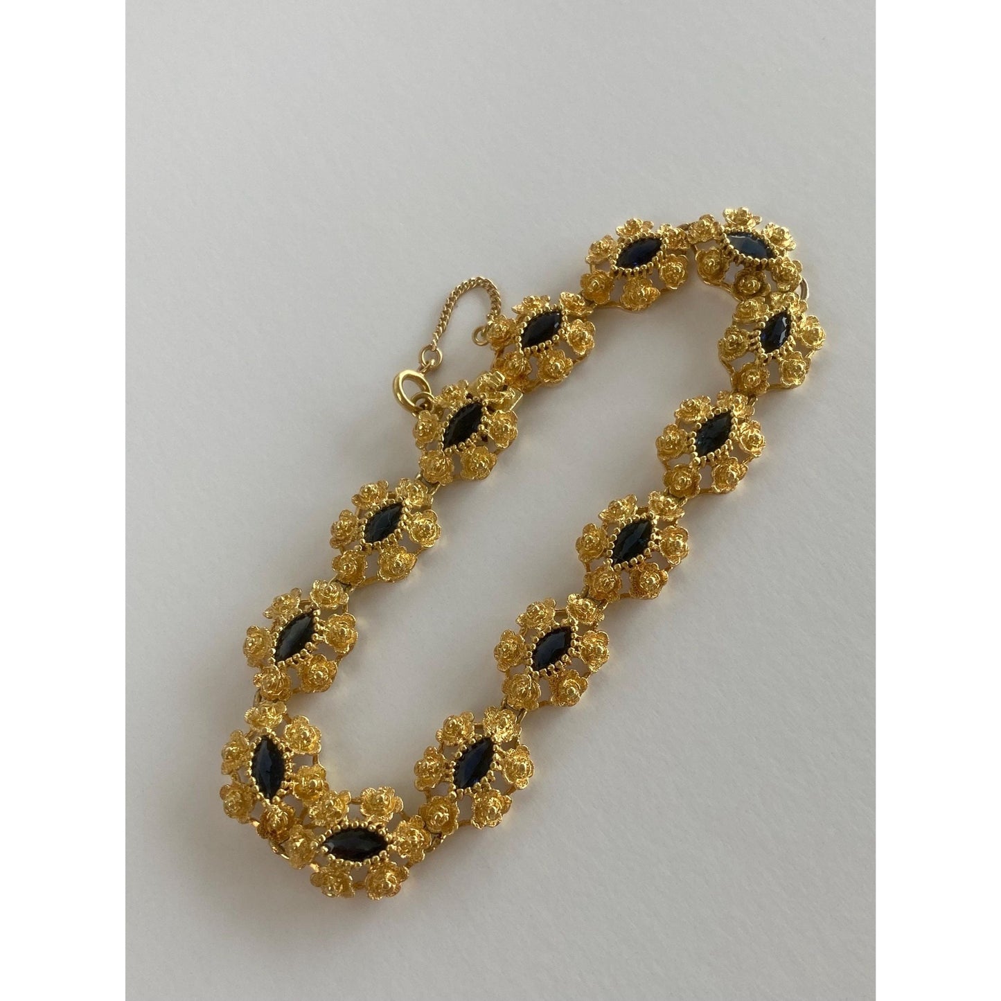 Vintage Solid 18k Yellow Gold Blue Marquis Sapphire Fancy Link Bracelet - 7.25 inches