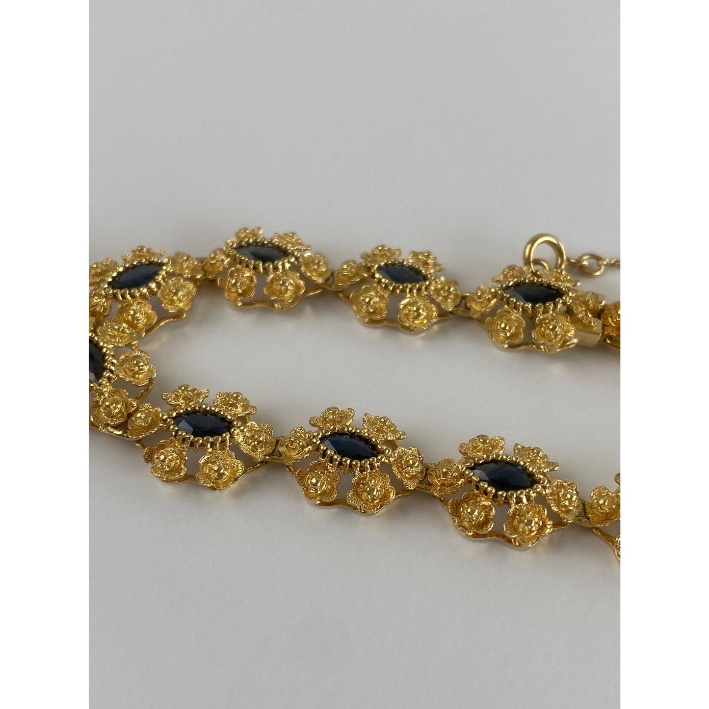 Vintage Solid 18k Yellow Gold Blue Marquis Sapphire Fancy Link Bracelet - 7.25 inches