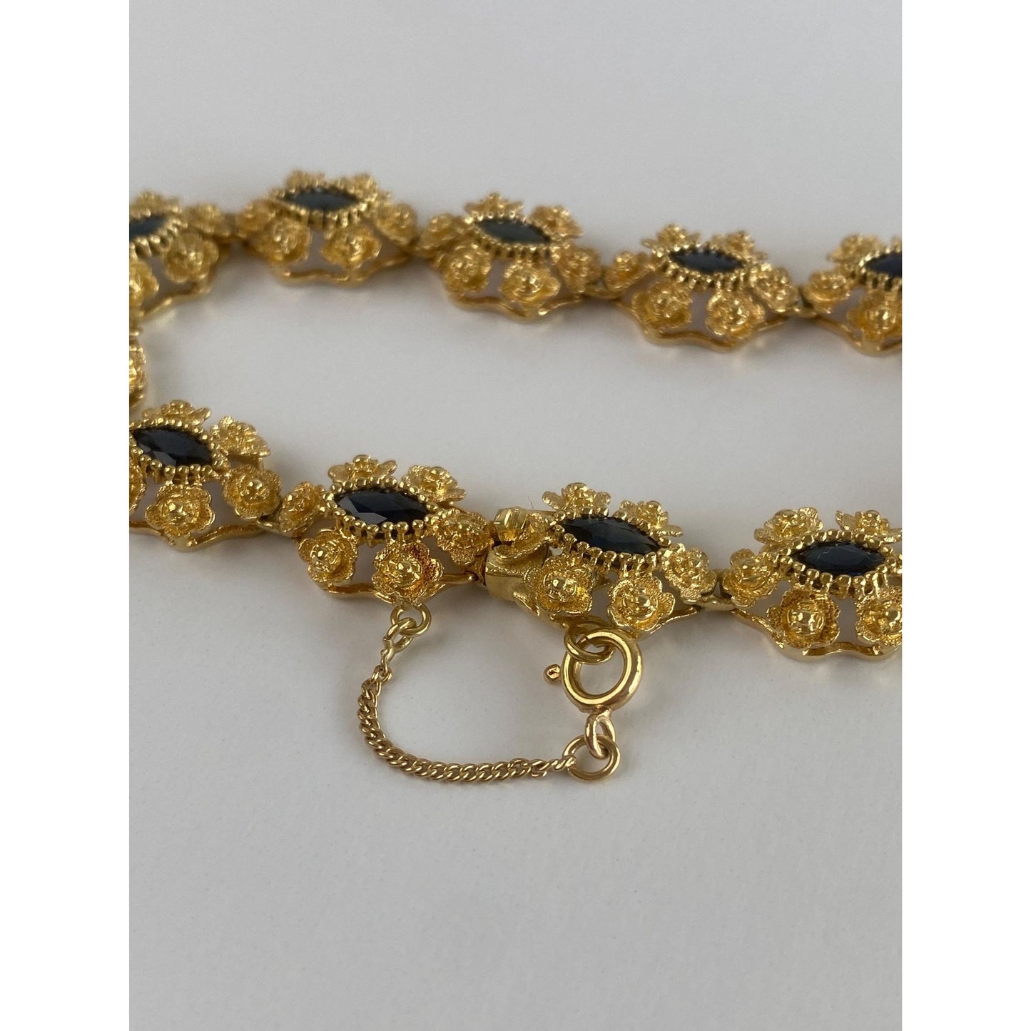 Vintage Solid 18k Yellow Gold Blue Marquis Sapphire Fancy Link Bracelet - 7.25 inches