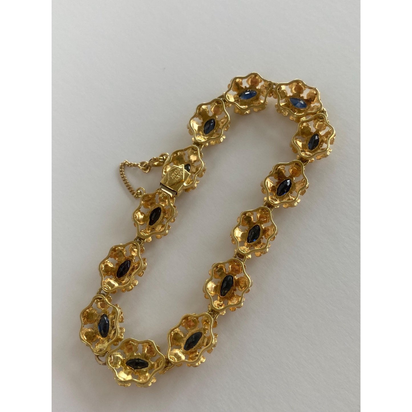 Vintage Solid 18k Yellow Gold Blue Marquis Sapphire Fancy Link Bracelet - 7.25 inches