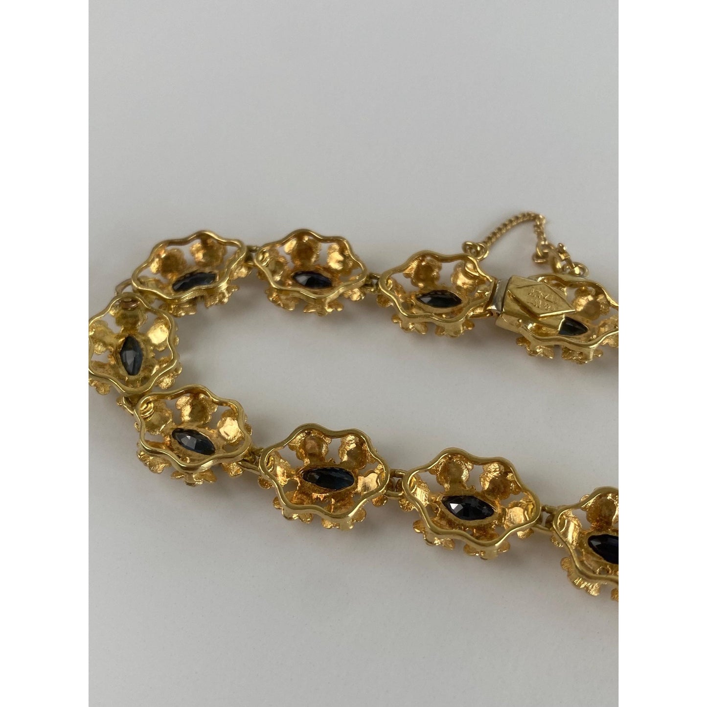 Vintage Solid 18k Yellow Gold Blue Marquis Sapphire Fancy Link Bracelet - 7.25 inches
