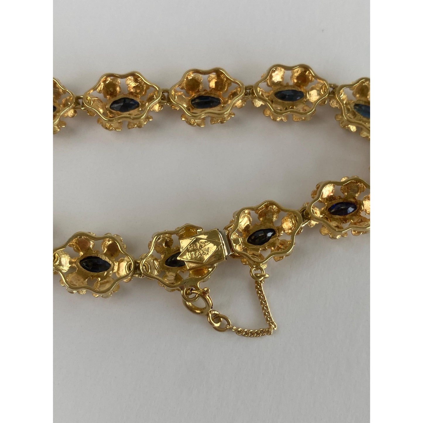 Vintage Solid 18k Yellow Gold Blue Marquis Sapphire Fancy Link Bracelet - 7.25 inches