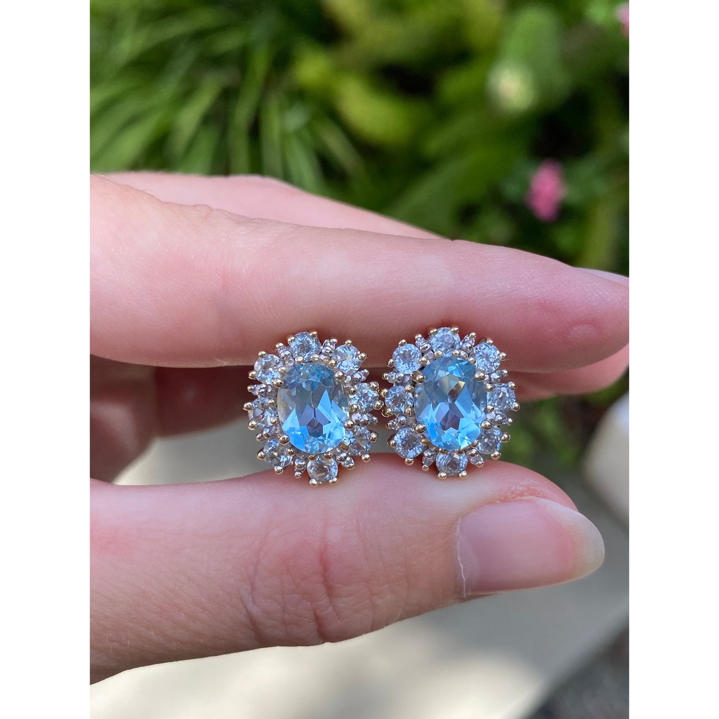 Vintage Solid 14k Yellow Gold Topaz Spinel Halo Stud Earrings