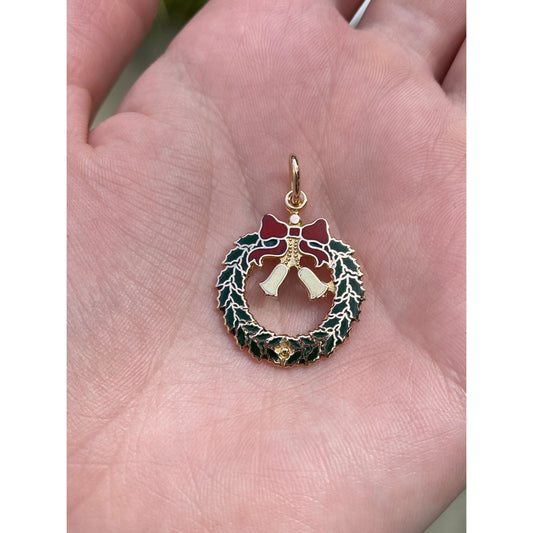 Vintage Solid 14k Yellow Gold Enamel Christmas Wreath Charm