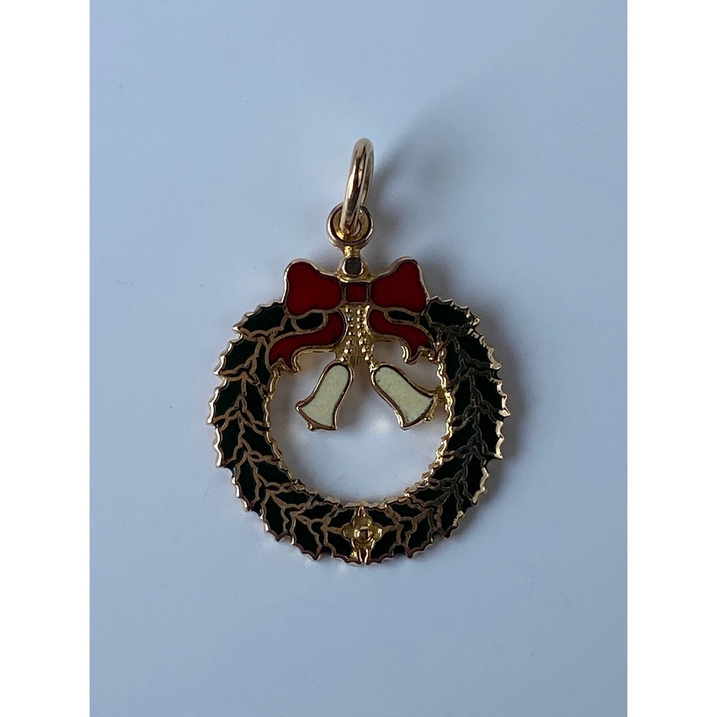 Vintage Solid 14k Yellow Gold Enamel Christmas Wreath Charm
