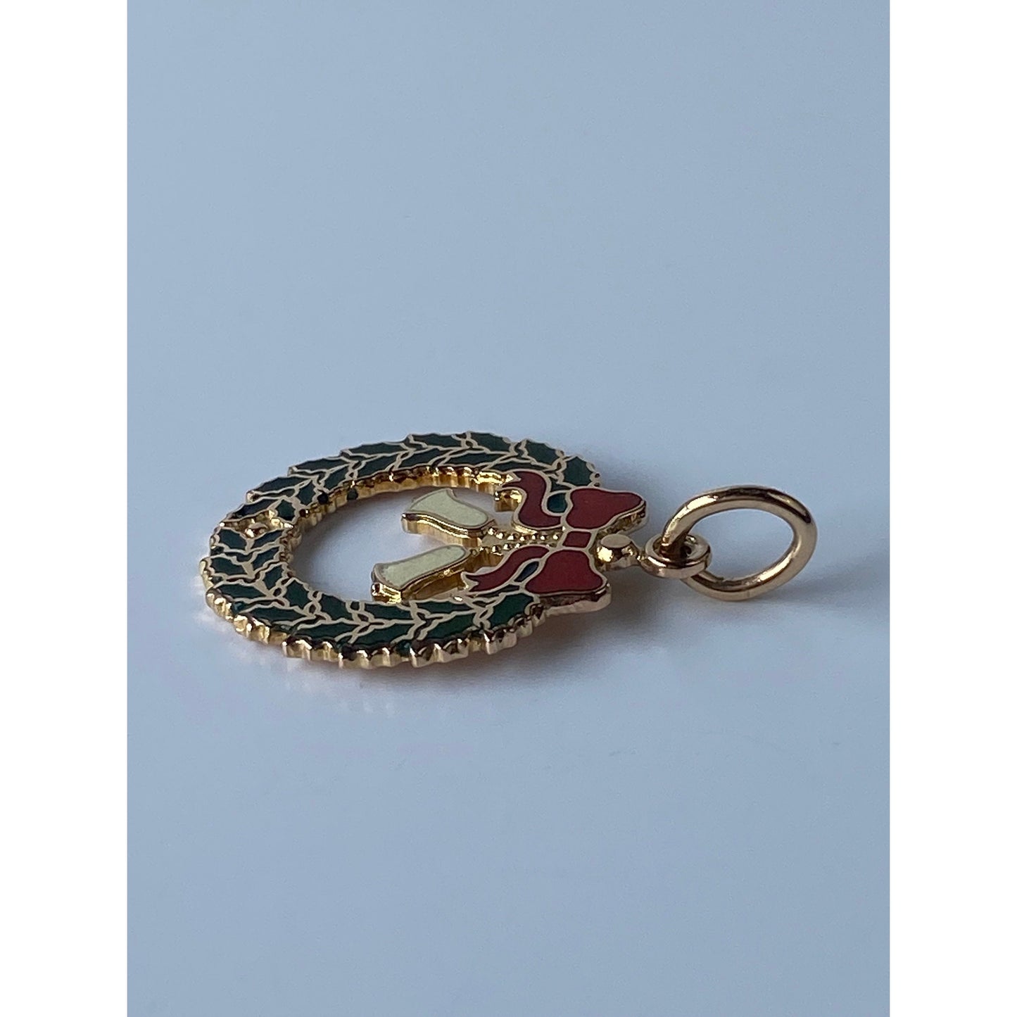Vintage Solid 14k Yellow Gold Enamel Christmas Wreath Charm