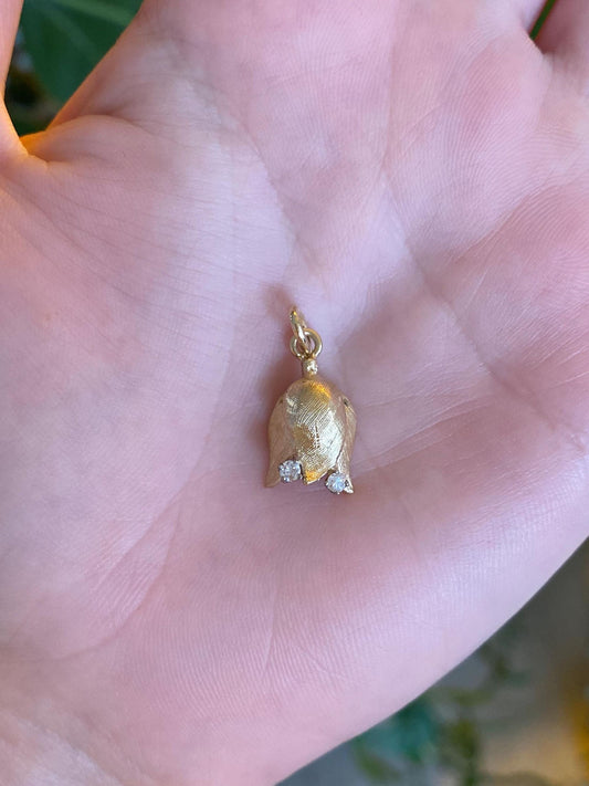 Vintage Solid 14k Yellow Gold Diamond Flower Charm