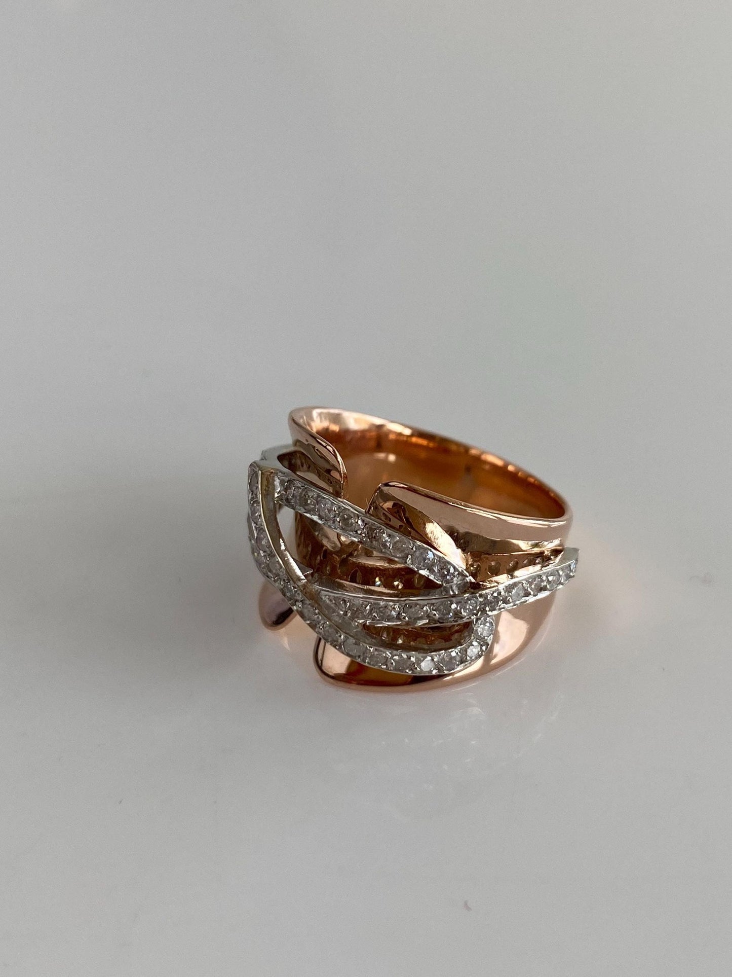 Vintage Solid 14k Rose & White Gold Diamonds Ring - Size 5.75