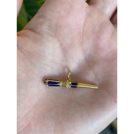 Vintage 18k Yellow Gold Blue Enamel Key Charm