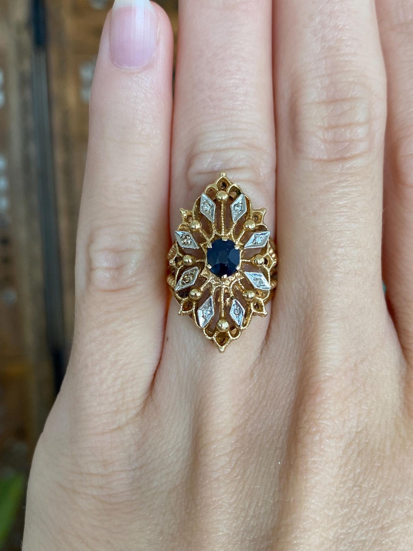 Vintage Solid 14k White & Yellow Gold Blue Sapphire Diamond Ring - Size 4