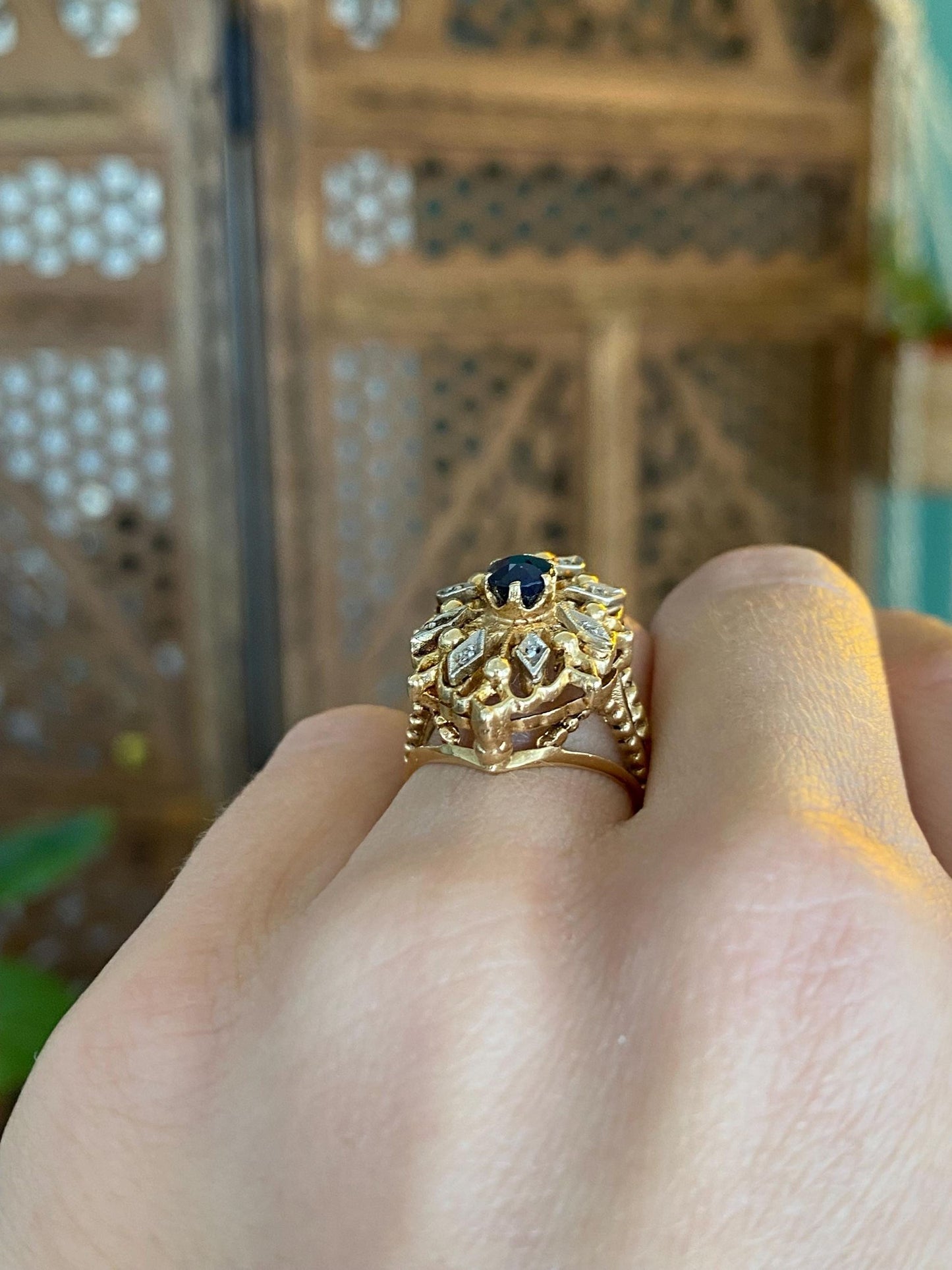 Vintage Solid 14k White & Yellow Gold Blue Sapphire Diamond Ring - Size 4