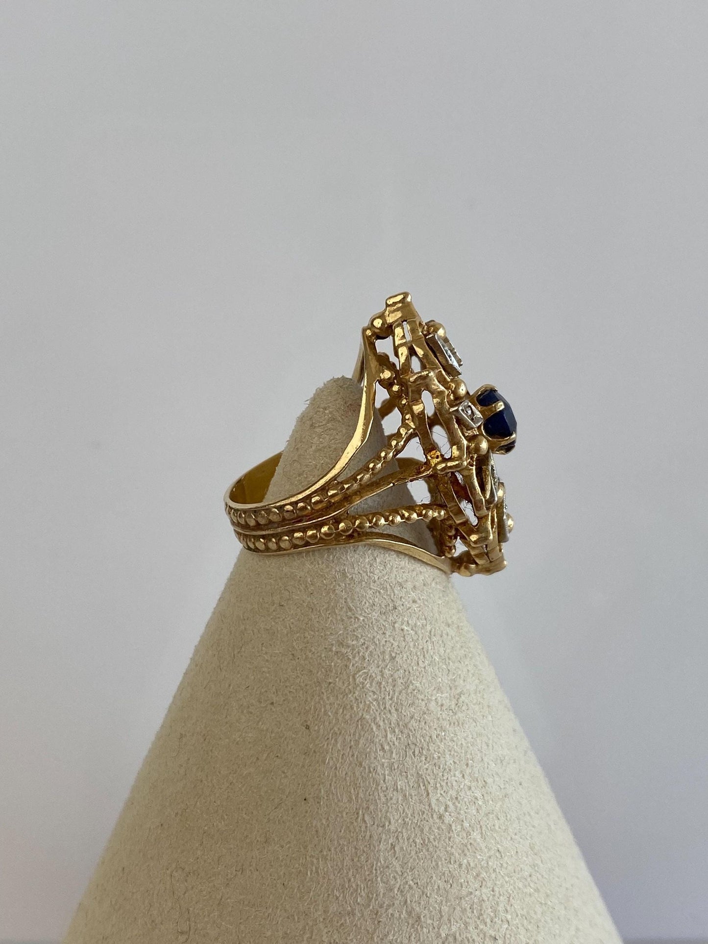 Vintage Solid 14k White & Yellow Gold Blue Sapphire Diamond Ring - Size 4