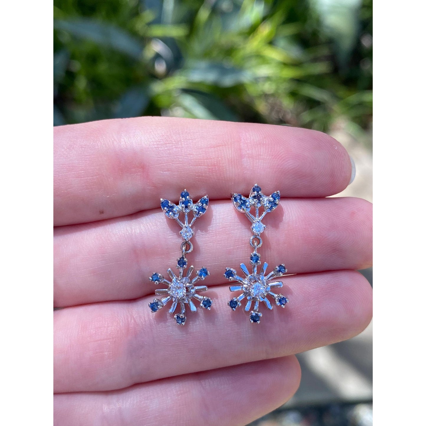 Solid 14k White Gold Diamond Blue Spinel Flower Dangle Earrings
