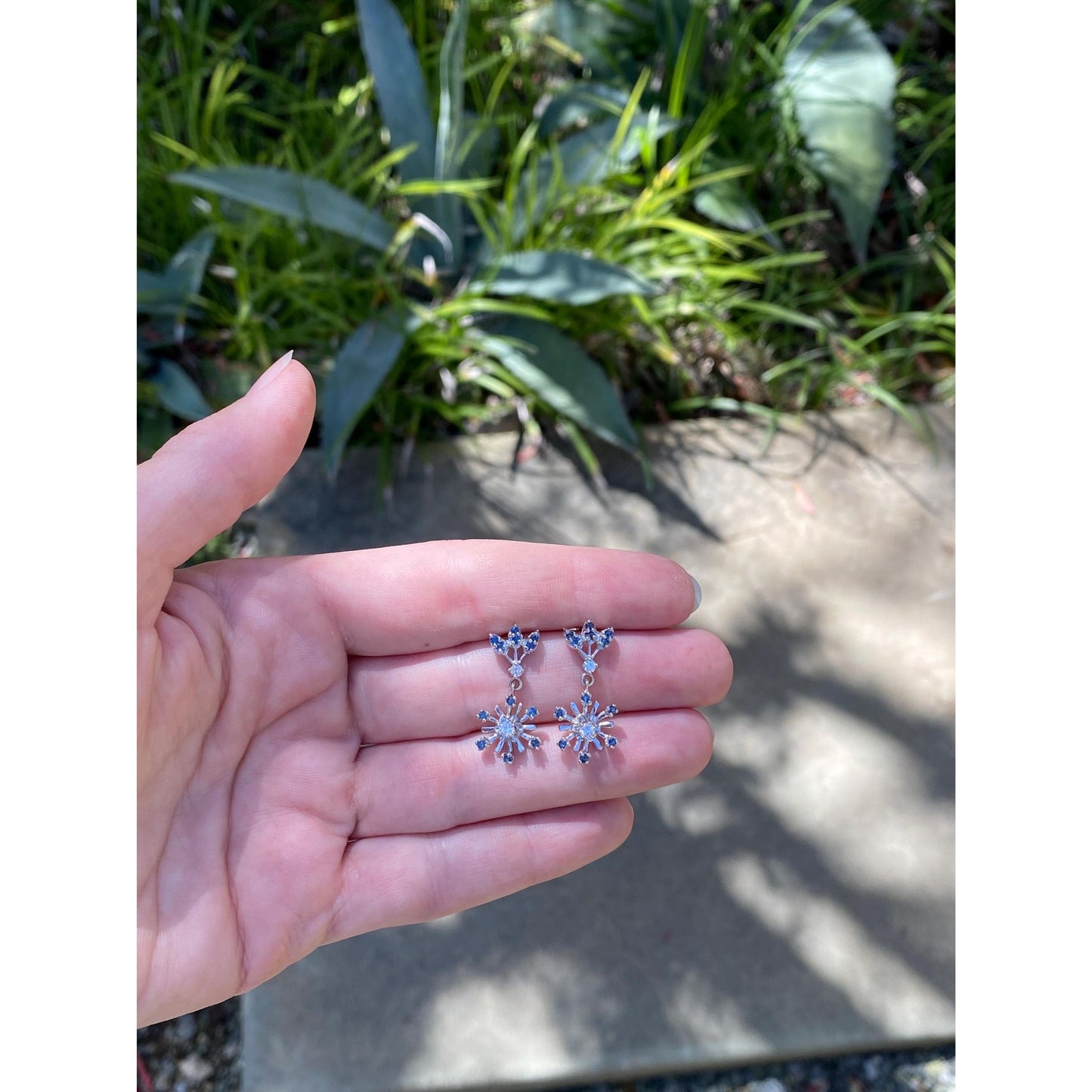 Solid 14k White Gold Diamond Blue Spinel Flower Dangle Earrings