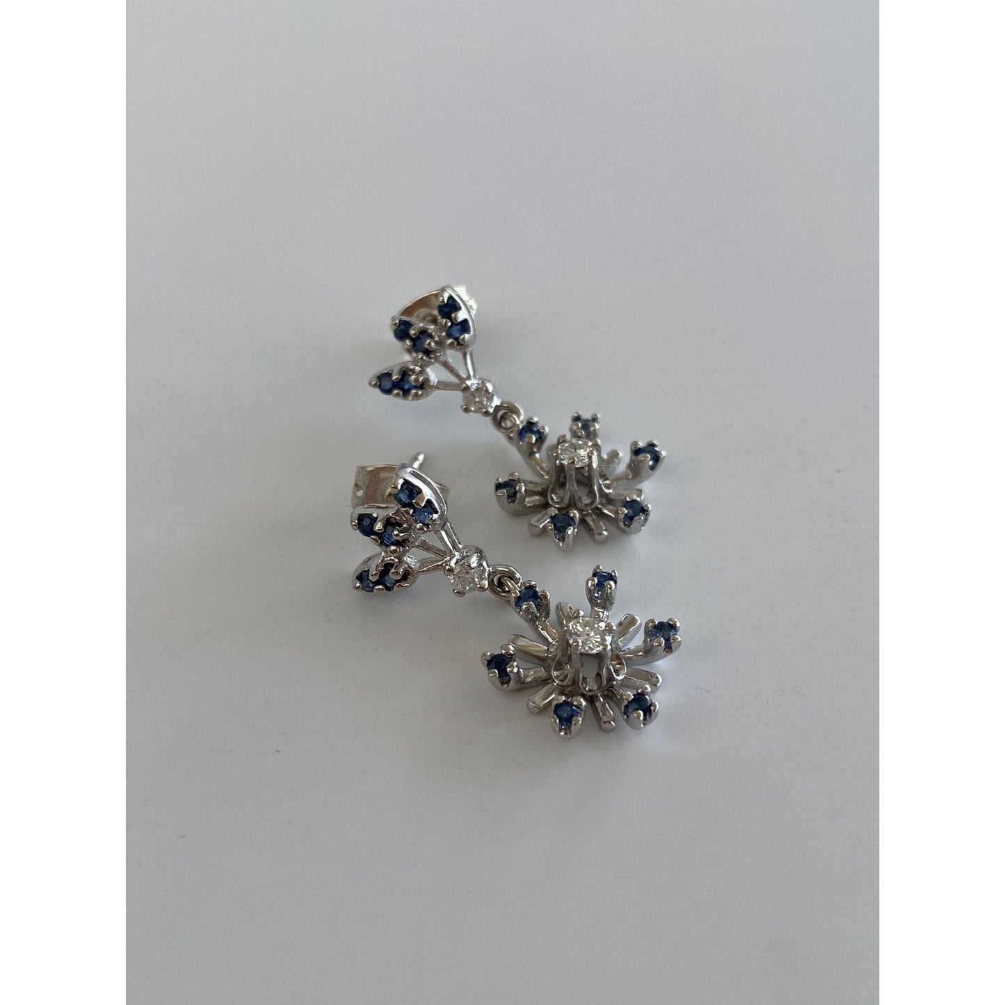 Solid 14k White Gold Diamond Blue Spinel Flower Dangle Earrings