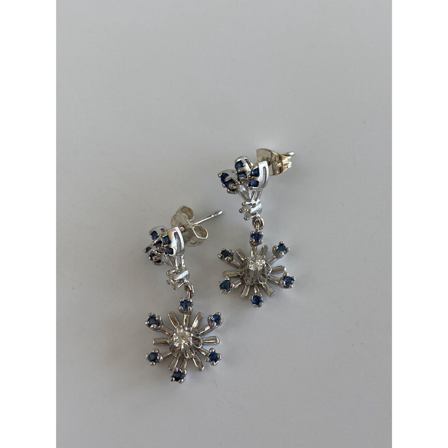 Solid 14k White Gold Diamond Blue Spinel Flower Dangle Earrings
