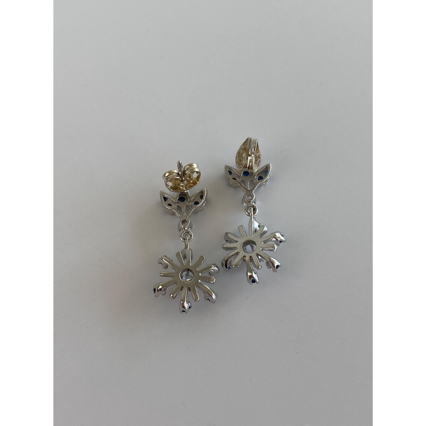 Solid 14k White Gold Diamond Blue Spinel Flower Dangle Earrings