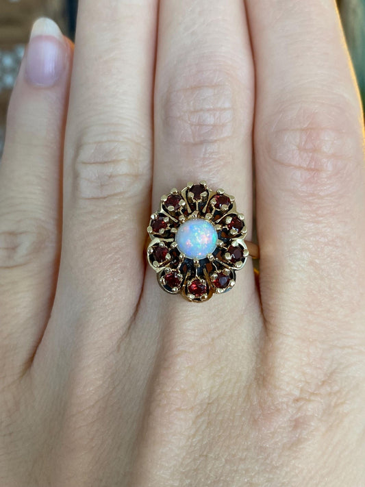 Vintage Solid 14k Yellow Gold Garnet Halo Opal Ring - Size 7.25