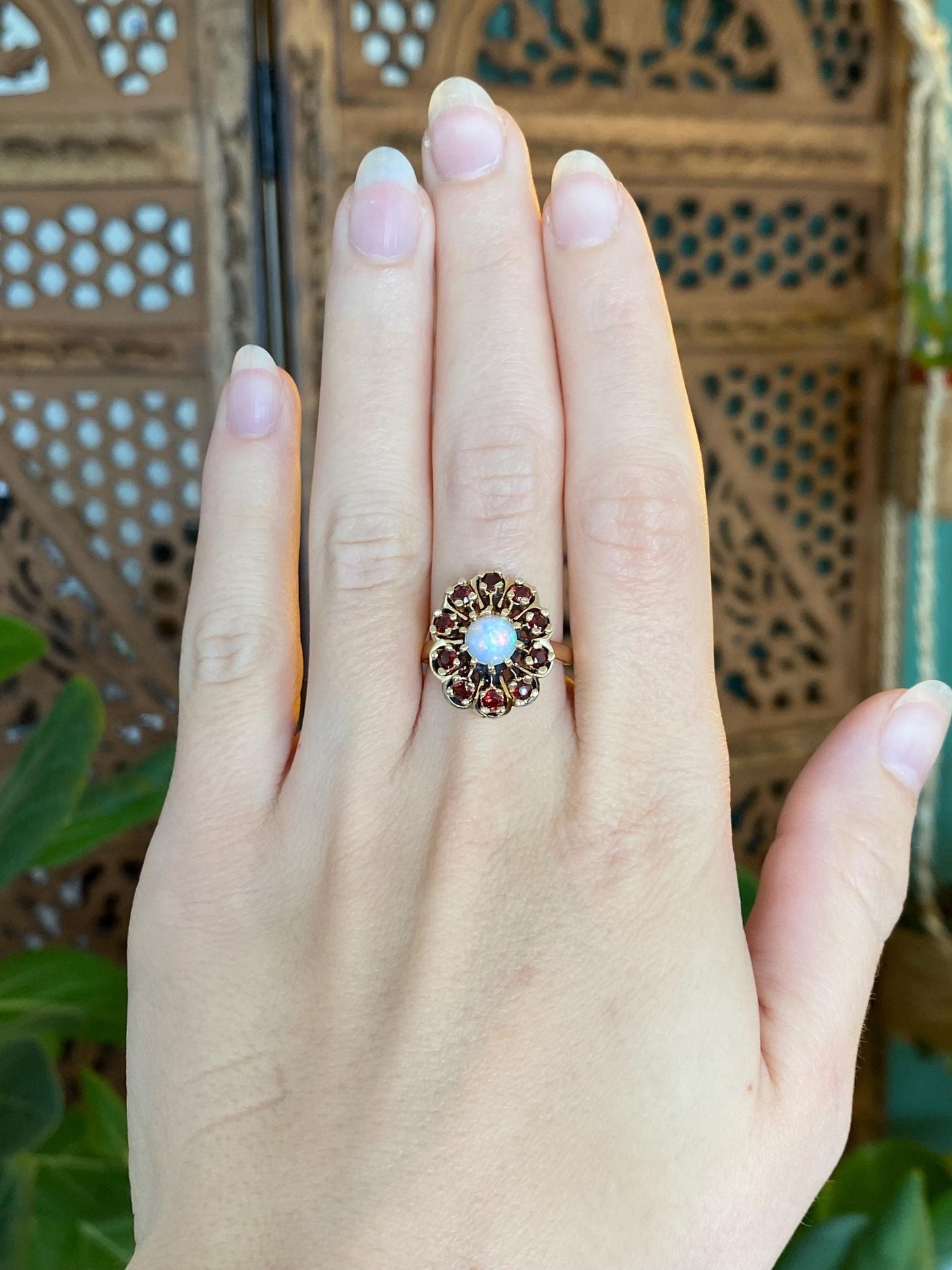 Vintage Solid 14k Yellow Gold Garnet Halo Opal Ring - Size 7.25