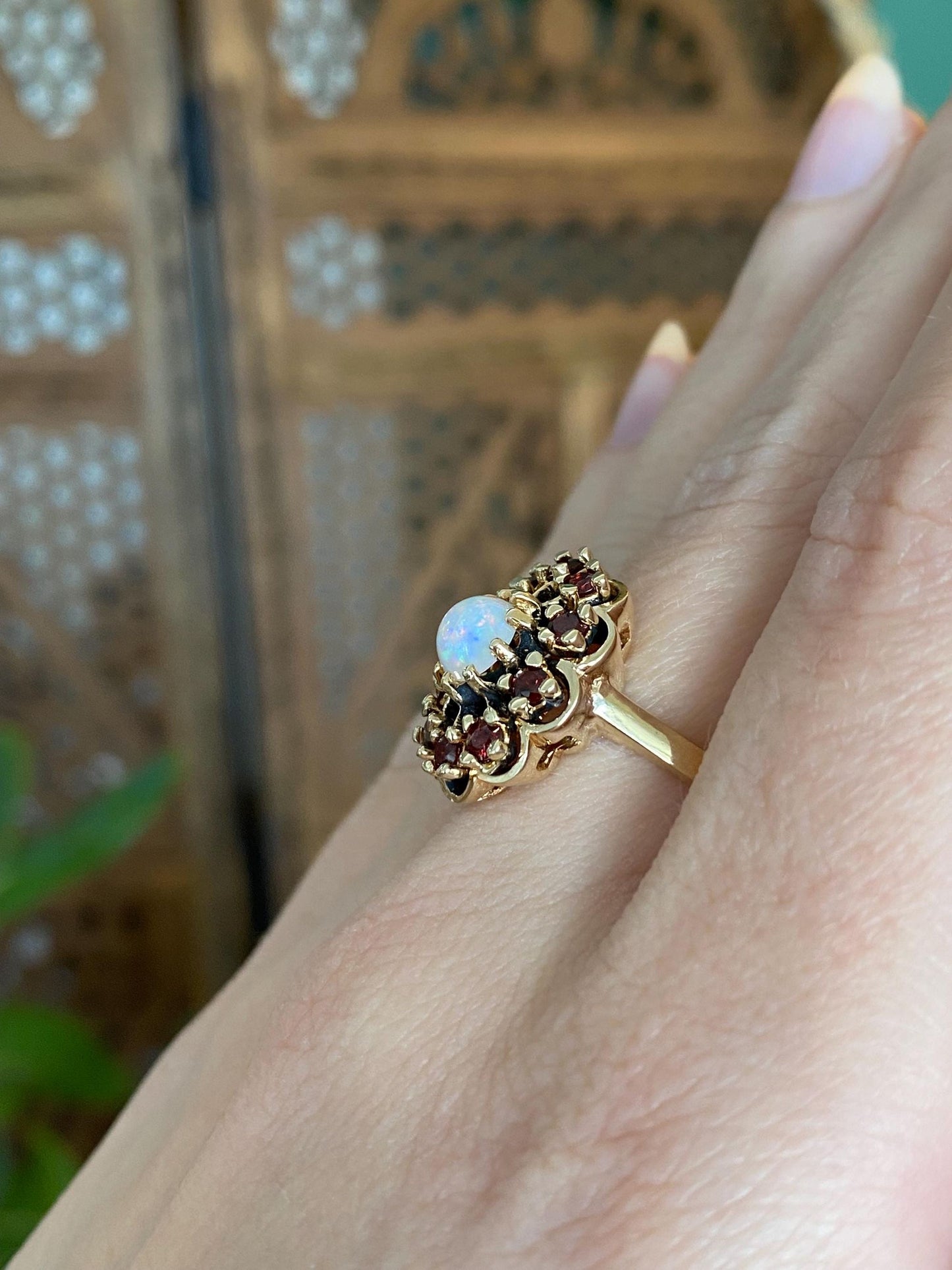 Vintage Solid 14k Yellow Gold Garnet Halo Opal Ring - Size 7.25