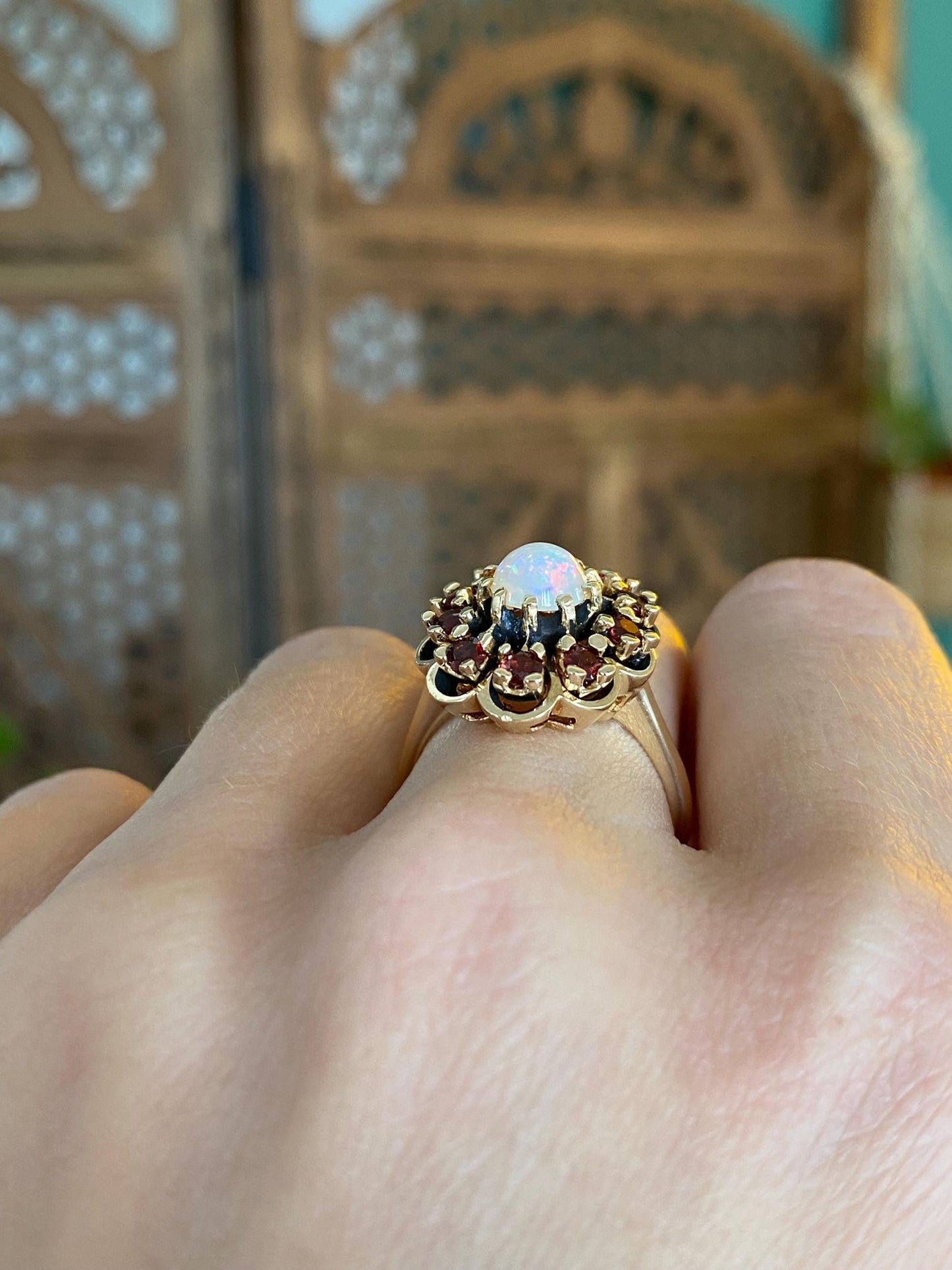 Vintage Solid 14k Yellow Gold Garnet Halo Opal Ring - Size 7.25