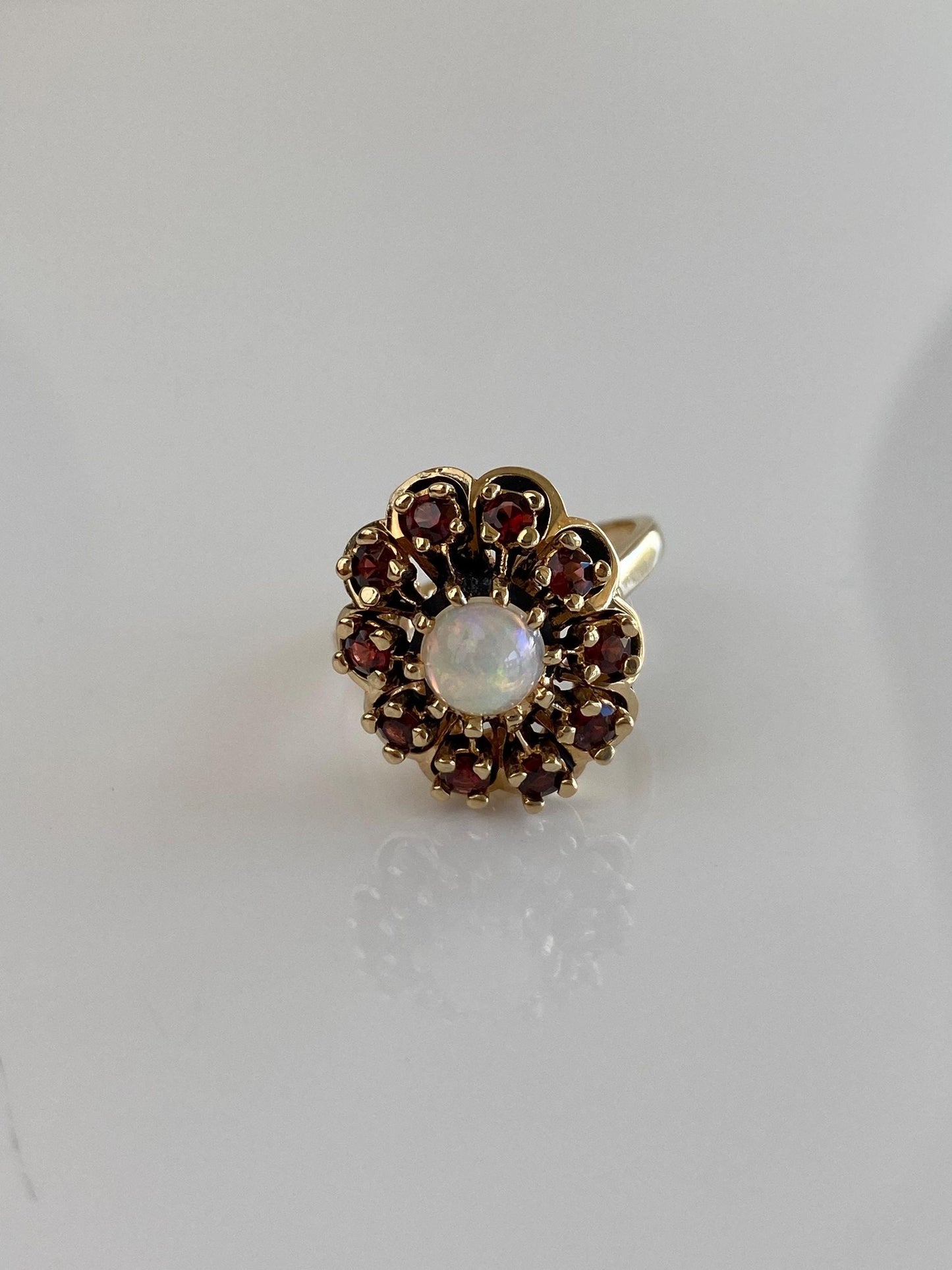 Vintage Solid 14k Yellow Gold Garnet Halo Opal Ring - Size 7.25