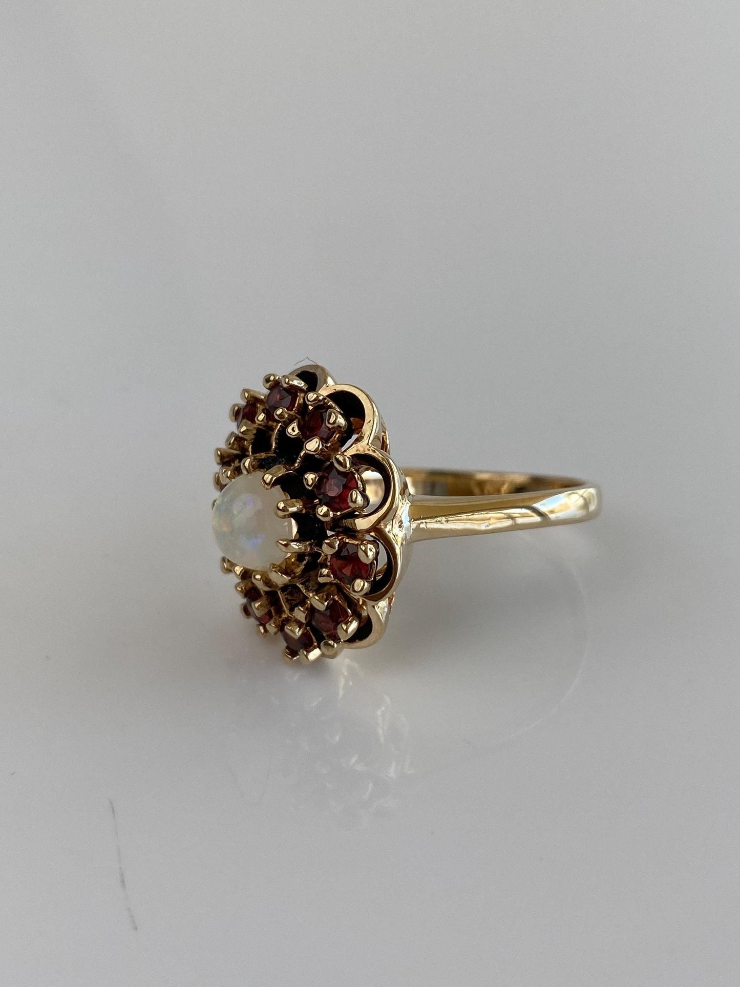 Vintage Solid 14k Yellow Gold Garnet Halo Opal Ring - Size 7.25