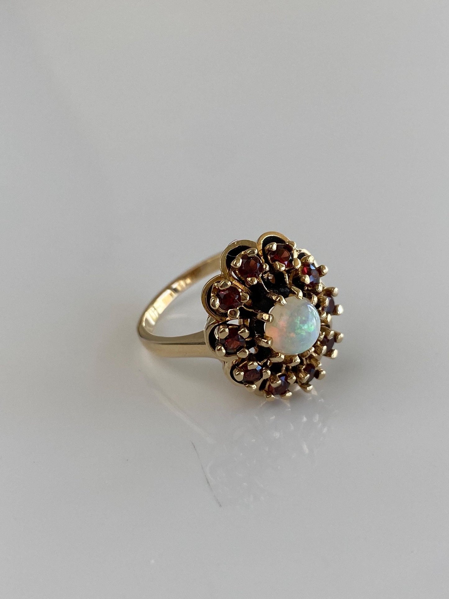 Vintage Solid 14k Yellow Gold Garnet Halo Opal Ring - Size 7.25