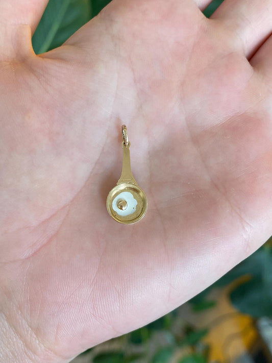 Vintage Solid 14k Yellow Gold White Enamel Egg Pan Charm