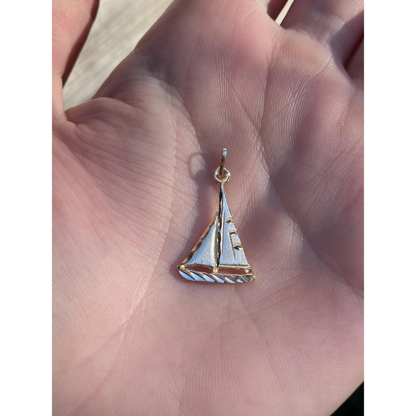 Solid 14k Yellow Gold Diamond Cut Sailboat Charm