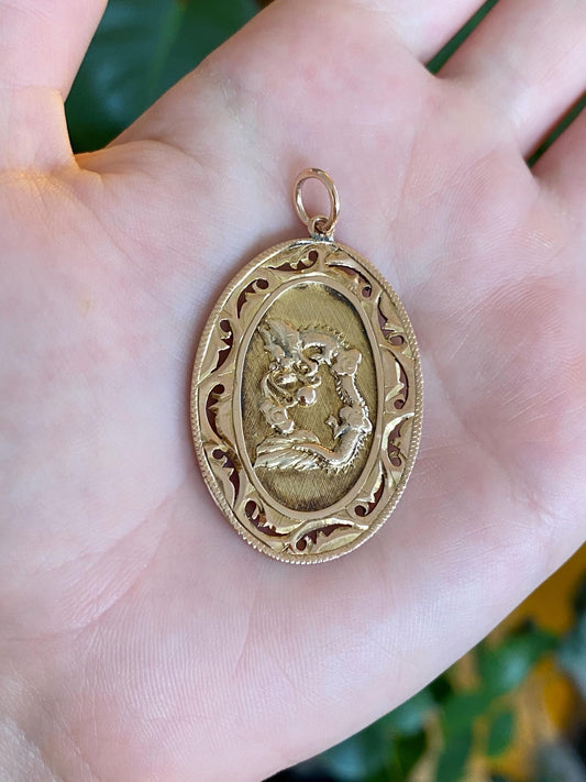 Vintage Solid 10k Rose Gold Large Dragon Chinese Character Charm