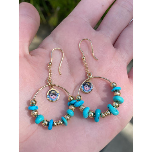 Solid 18k Yellow Gold Enamel Turquoise Hoop Dangle Earrings