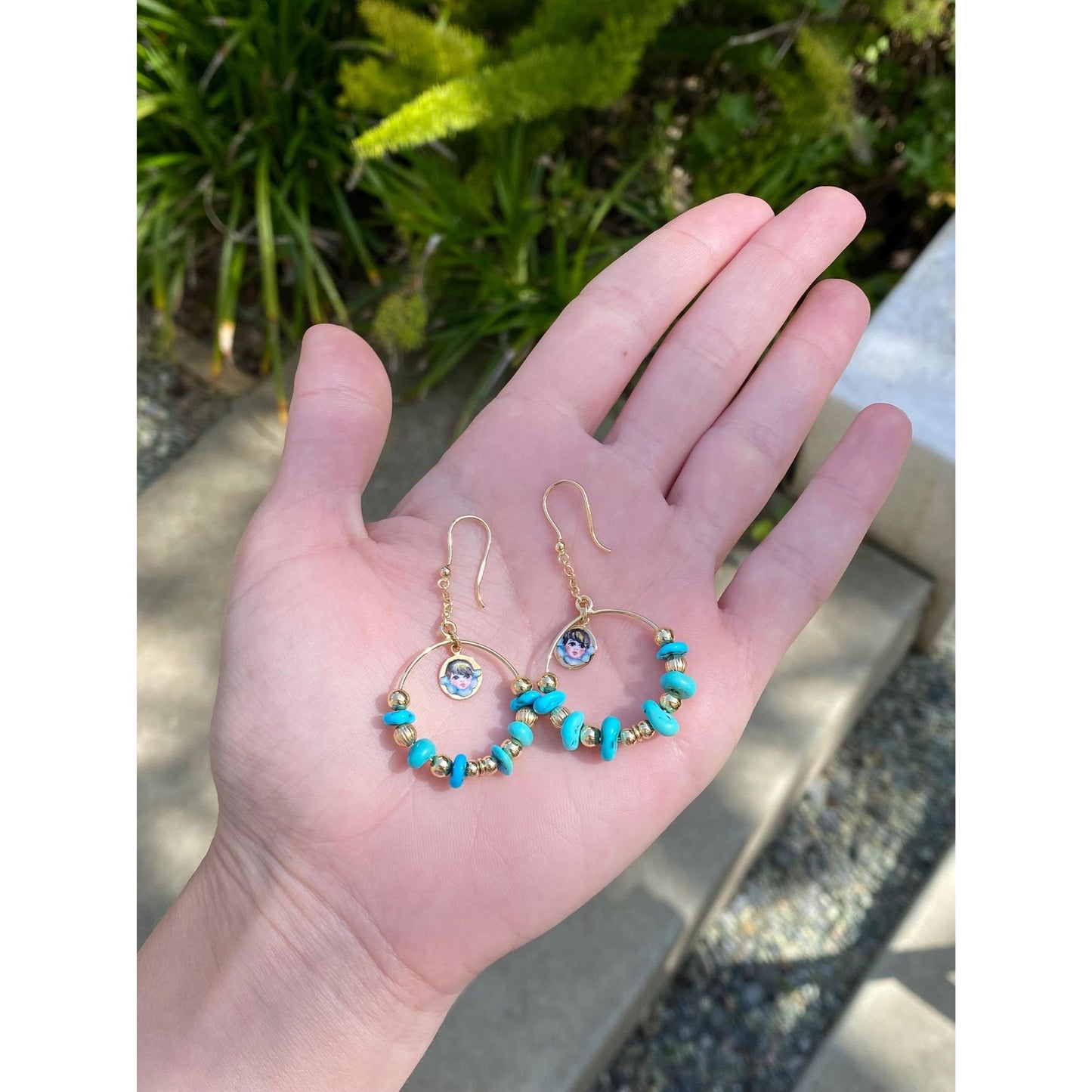 Solid 18k Yellow Gold Enamel Turquoise Hoop Dangle Earrings