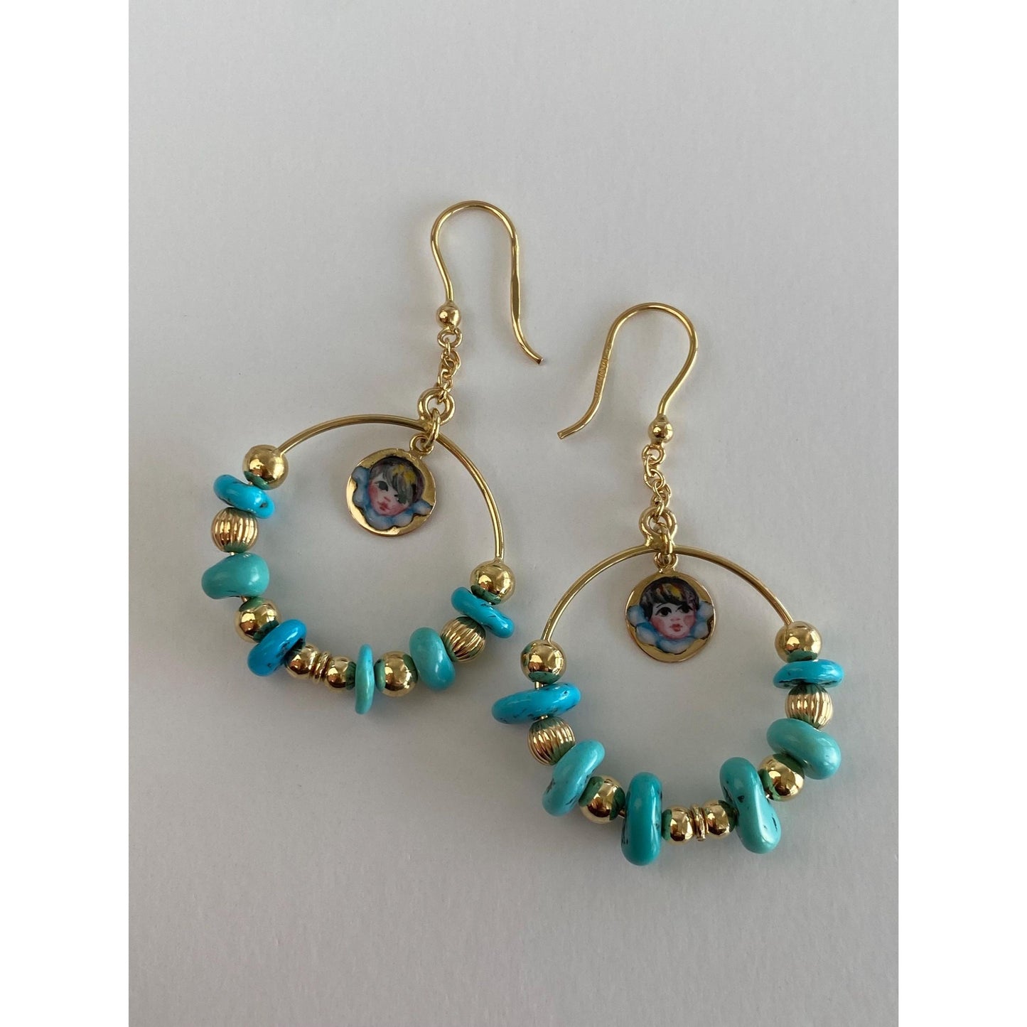 Solid 18k Yellow Gold Enamel Turquoise Hoop Dangle Earrings