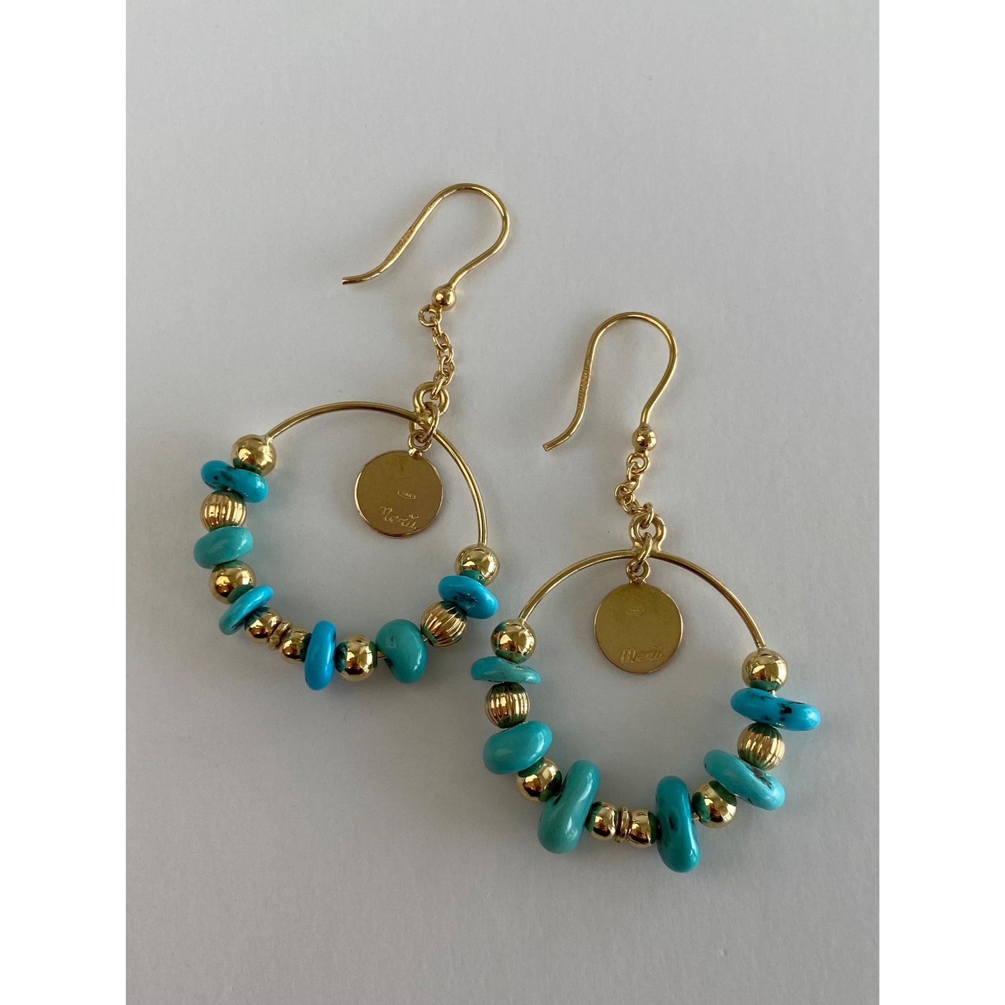 Solid 18k Yellow Gold Enamel Turquoise Hoop Dangle Earrings