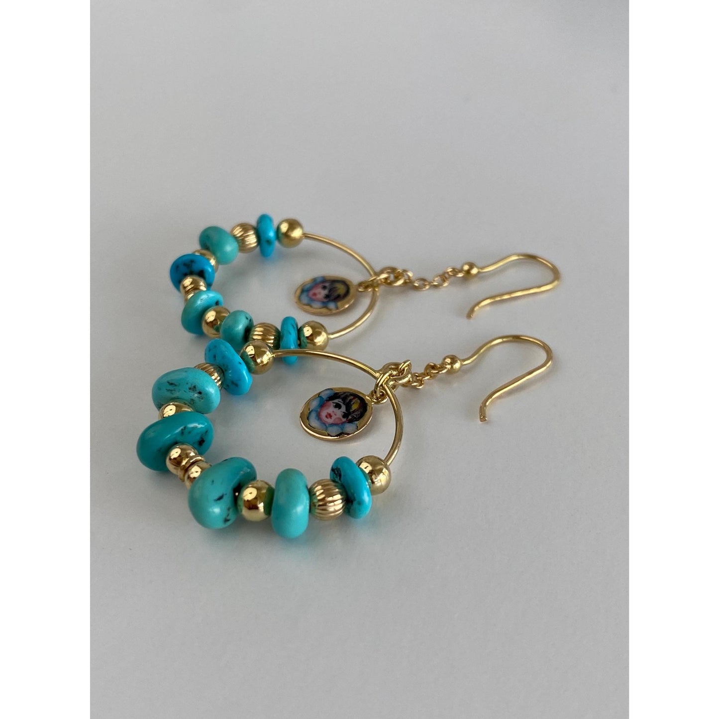 Solid 18k Yellow Gold Enamel Turquoise Hoop Dangle Earrings