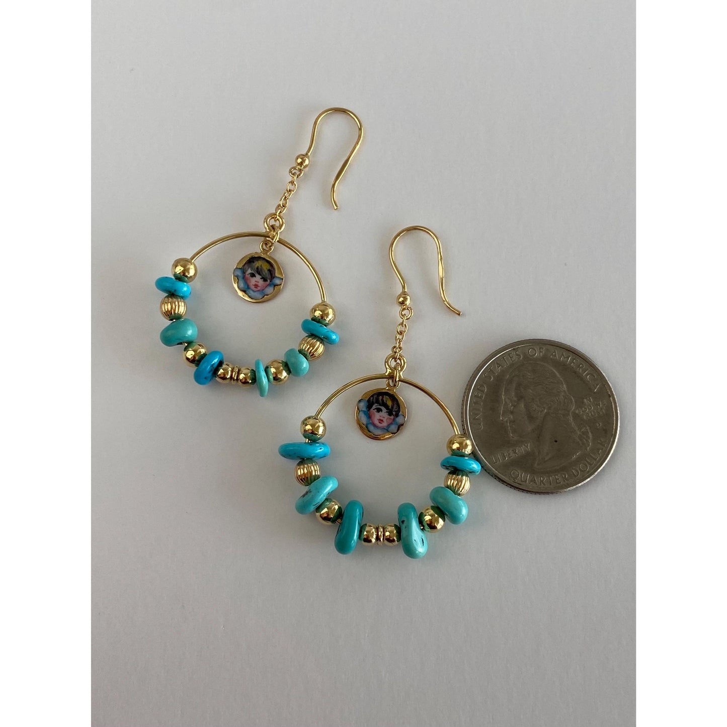 Solid 18k Yellow Gold Enamel Turquoise Hoop Dangle Earrings