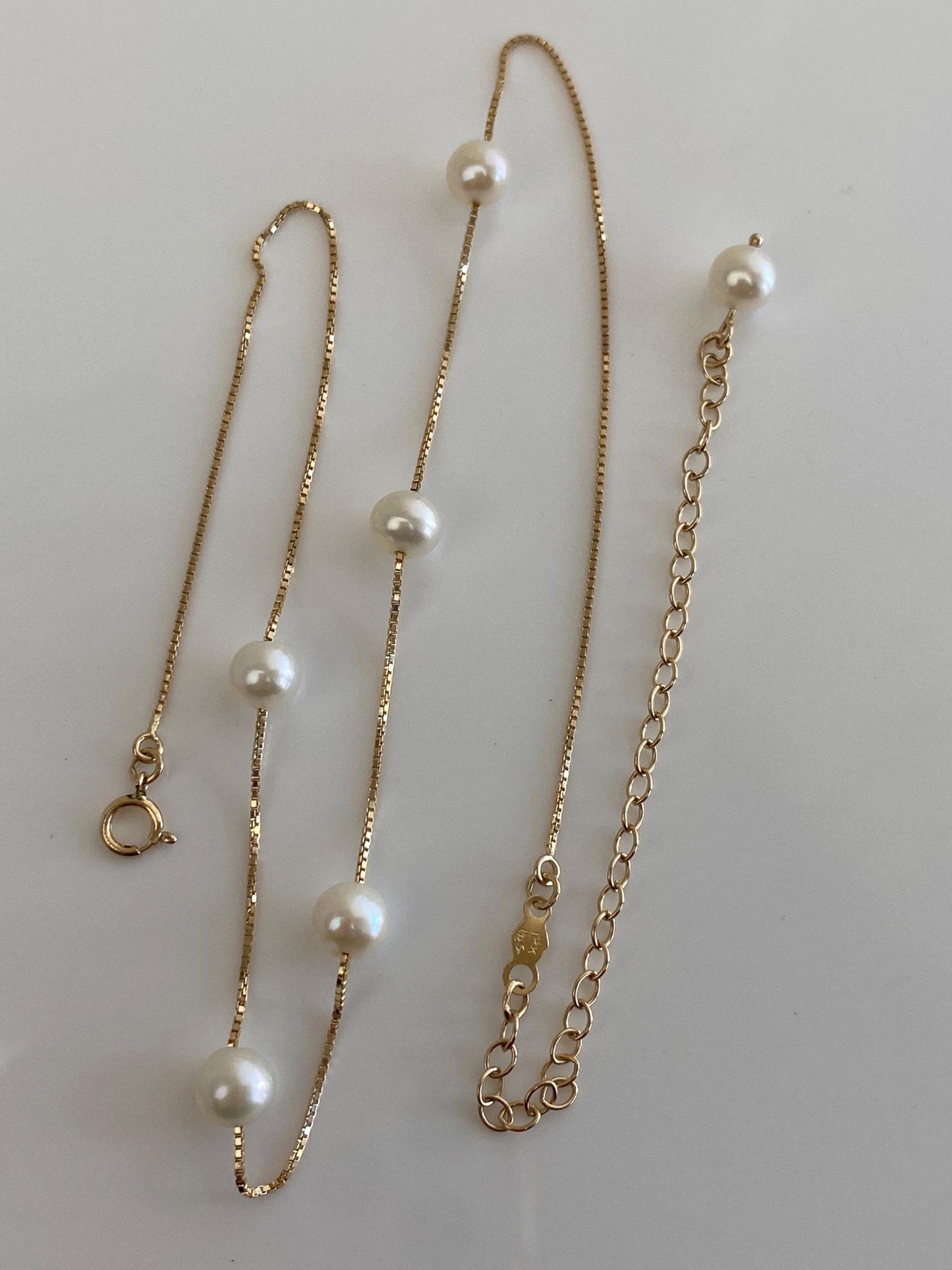 Vintage Solid 14k Yellow Gold Pearl Box Chain Necklace - 13.25 to 16.5 inches