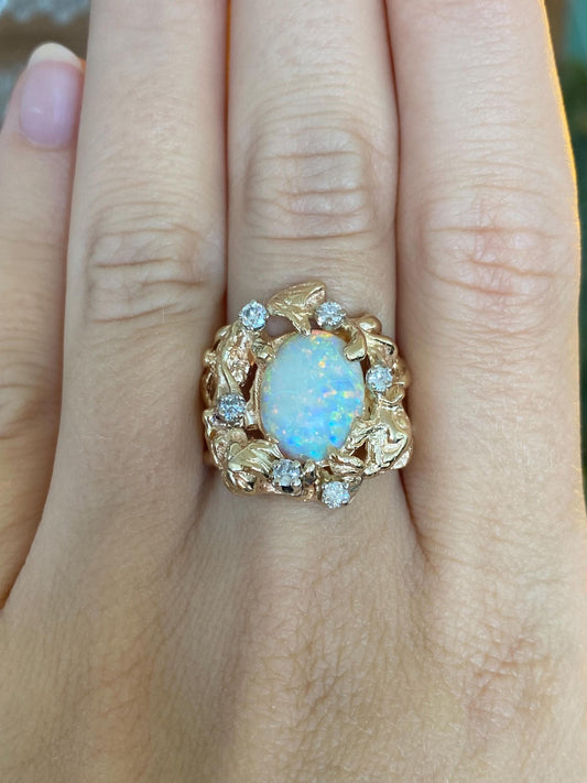 Vintage Solid 14k Yellow Gold Diamonds Opal Floral Ring - Size 8.25