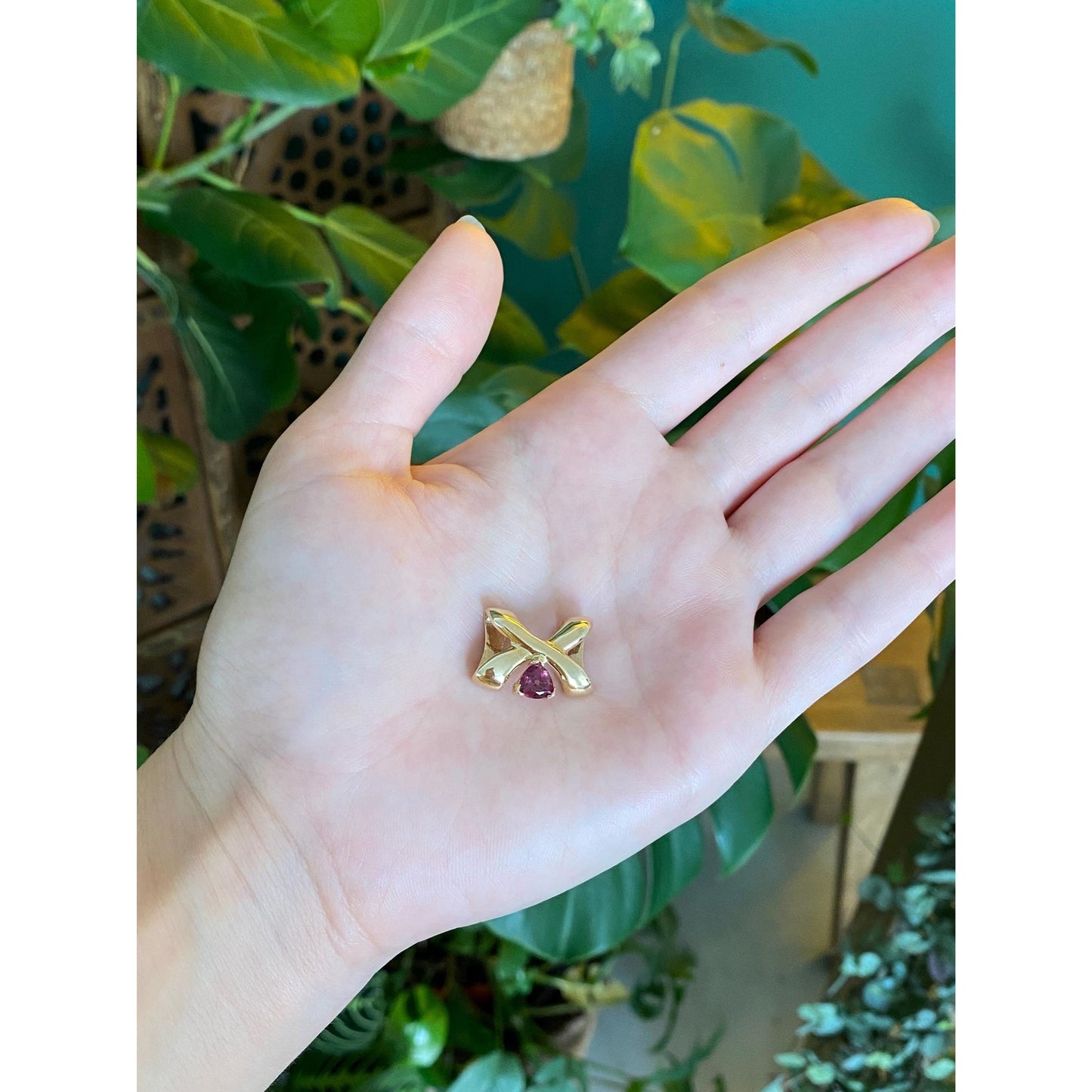 Vintage Solid 14k Yellow Gold Pink Tourmaline X Slide Charm