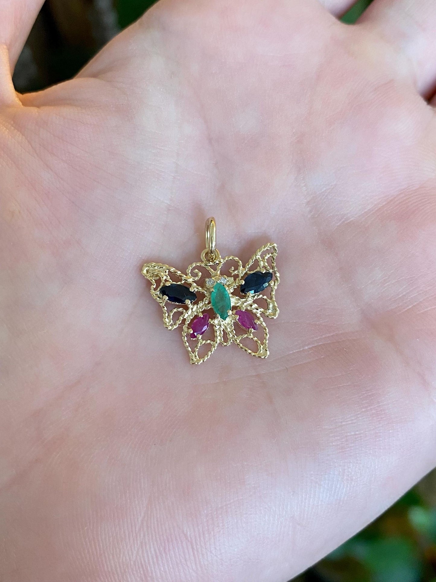 Vintage Solid 10k Yellow Gold Diamond Emerald Blue Sapphire Ruby Filigree Butterfly Charm