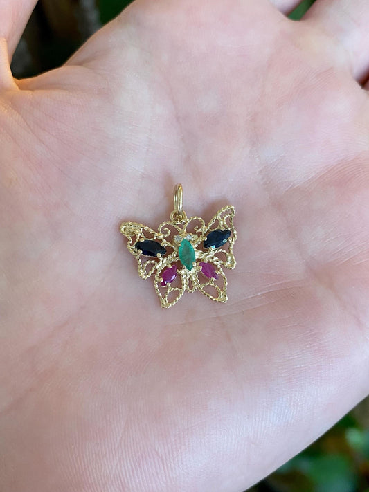 Vintage Solid 10k Yellow Gold Diamond Emerald Blue Sapphire Ruby Filigree Butterfly Charm