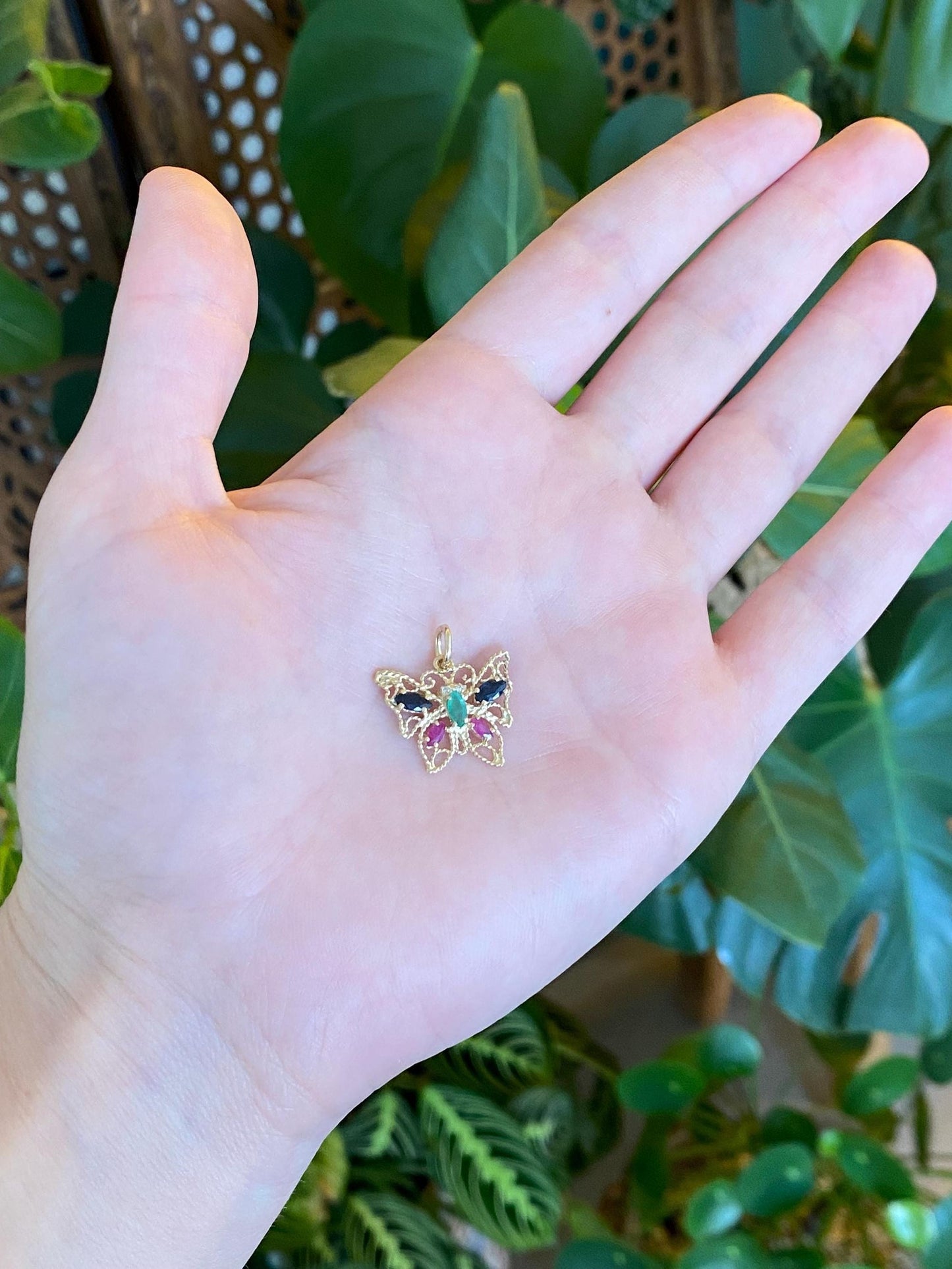 Vintage Solid 10k Yellow Gold Diamond Emerald Blue Sapphire Ruby Filigree Butterfly Charm